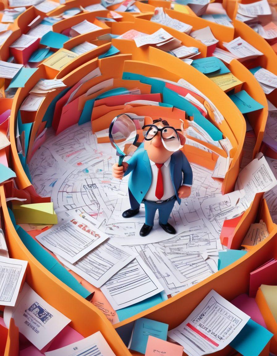A whimsical maze made of colorful paperwork with various documents scattered throughout, including forms, tax papers, and notes. A friendly, cartoonish character holds a magnifying glass, looking for solutions amidst the chaos. Bright colors and playful elements enhance the theme of navigation and problem-solving. vibrant colors. illustration style. playful design.