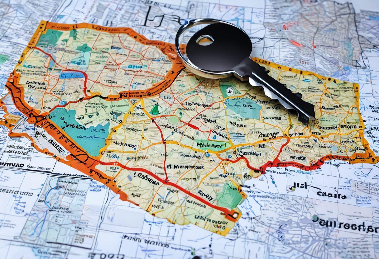 A collage of dynamic documents and templates scattered across a map of New Jersey, with shining locks symbolizing secrets being unlocked. Include visual elements like compliance checklists and legal symbols in the background, and a magnifying glass focusing on the document. The composition should evoke a sense of discovery and organization. vibrant colors. super-realistic. white background.