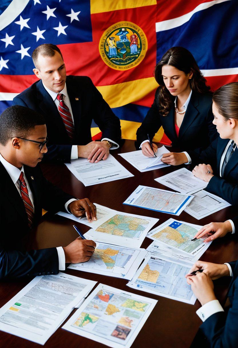 A detailed office scene showcasing a diverse group of professionals (a lawyer, a paralegal, and a business consultant) discussing legal documents over a table filled with organized paperwork and digital devices. The background features New Jersey state symbols like the state flag and map, emphasizing regional relevance. Soft natural lighting creates a warm, inviting atmosphere, perfect for productivity. super-realistic. vibrant colors.